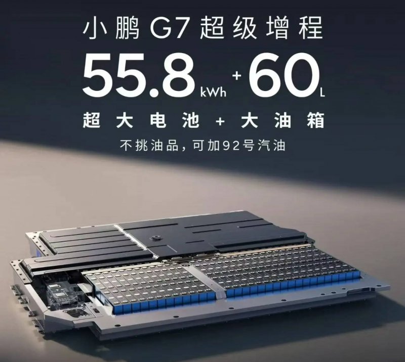 小鹏汽车官宣G7超级增程信息 55.8kWh大电池+60L大油箱